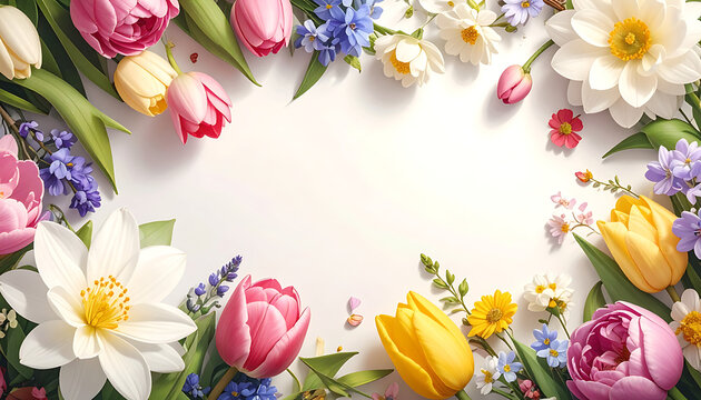 Frame of spring flowers tulips daisies and bluebells on white background with copy space, fresh floral border
