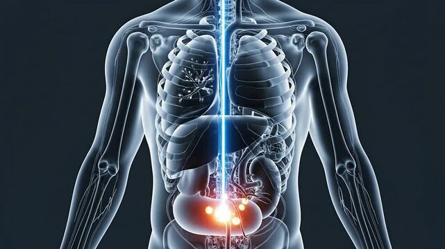 Detailed Anatomical Illustration of Human Body Highlighting Digestive System and Stomach Against a Dark Background