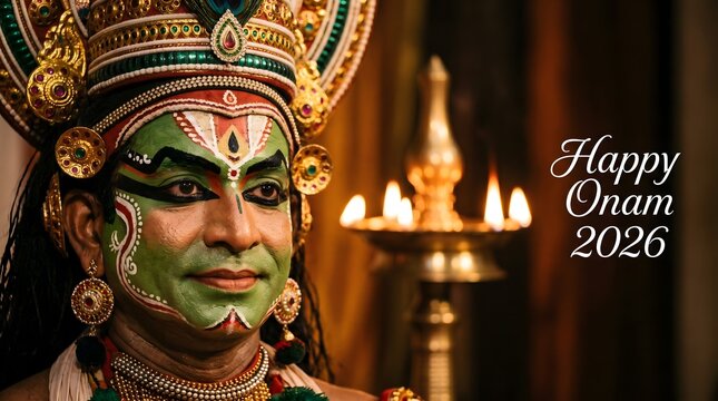 Kathakali dancer with green makeup and ornate crown near oil lamp onam festival