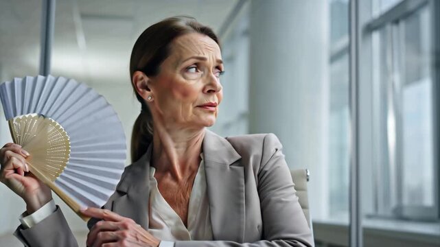 Sad woman with hand fan in office, menopause symptom