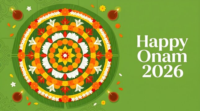 Traditional pookalam flower rangoli on green background with diya lamp for onam