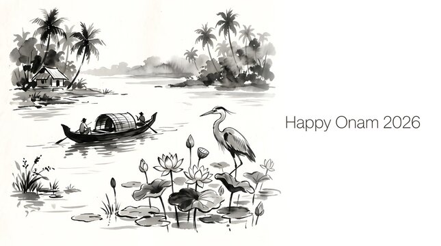 Ink sketch of kerala backwater scene with crane bird and lotus flower during onam