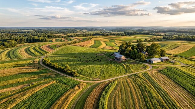 sustainable agriculture practices, aerial view of a vibrant regenerative farm with lush cover crop patterns under a clear sky