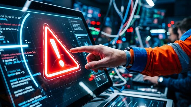 Person pointing at warning sign on computer screen in control room with code and wires