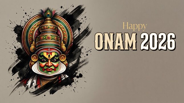 Kathakali face with ornate crown on grey background with dramatic ink splash design