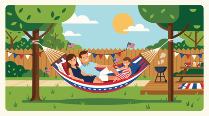 Fototapeta premium Family Relaxing in Hammock on Fourth of July Backyard Celebration