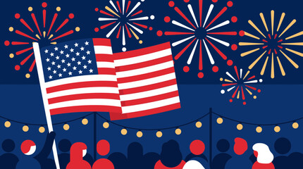 Obraz premium American flag waving with fireworks and crowd celebrating Independence Day