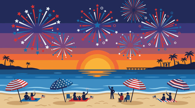 Pixel art beach scene with fireworks over the ocean at sunset and people celebrating