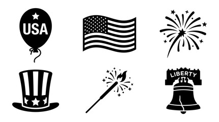 Naklejka premium USA Independence Day Icons Set Patriotic Symbols Balloon Flag Firework Hat Sparkler Liberty Bell
