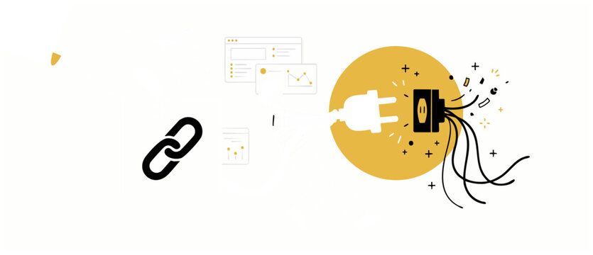 Link building SEO integration concept showing a man plugging a digital connection wire from backlink icon to data socket, representing web network optimization and digital marketing strategy.
