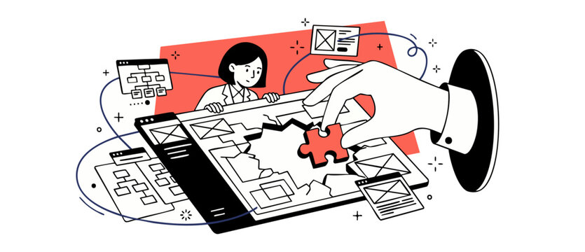 UI design wireframe vector illustration showing a giant hand placing a red puzzle piece into a website interface plan layout with a business woman planning workflow and solving project management.