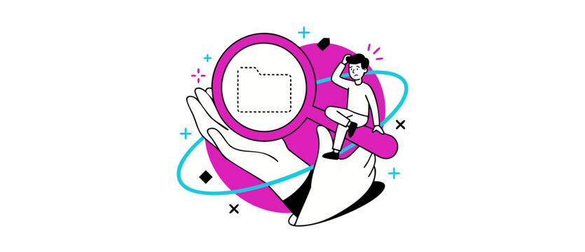 File search error lost folder illustration of confused man looking for data with magnifying glass, vector graphic of hand holding magnifier, concept of document management system, tech troubleshooting