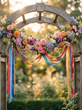 wooden arch decorated with lush floral garland and colorful ribbons in sunny garden. pagan ritual, handfasting ceremony and outdoor summer wedding concept. event planning, invitation background.