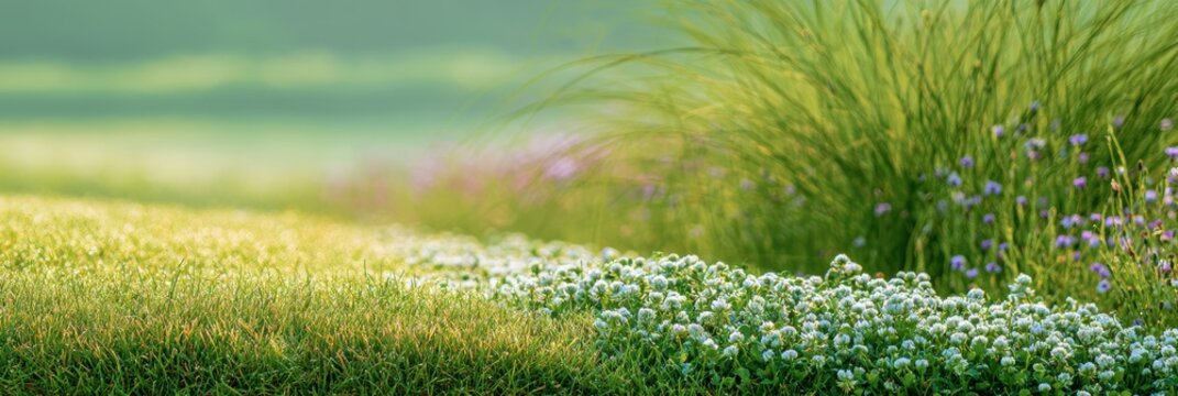 biophilic landscaping, a sustainable biophilic landscaping trend is showcased in a wide panoramic header a micro-clover and fine-fescue lawn with tiny white blossoms in the foreground transitions
