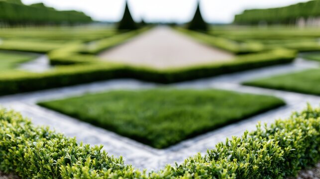 french garden design, a refined french parterre garden with a symmetrical layout of manicured boxwood hedges and vibrant green turf, perfect for luxury brand content under a soft, luminous parisian