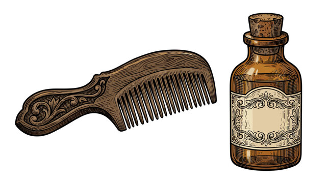 Vintage wooden comb and amber glass bottle with blank label for hair care or grooming products