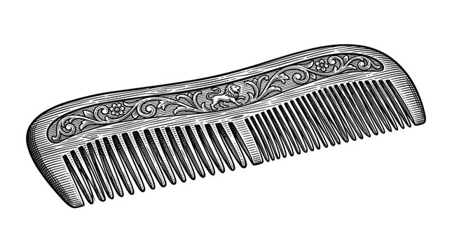 Antique wooden comb with intricate floral carvings and animal motifs