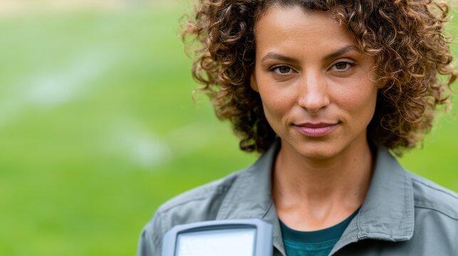 gardening technology, a skilled afro-latina woman uses a digital soil probe in a lush backyard, shown in close-up