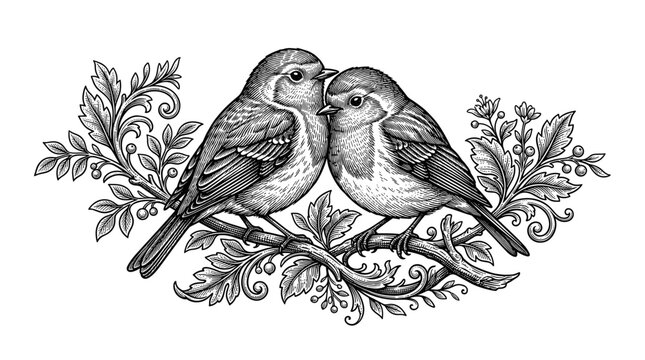 Two sparrows perched on a branch with ornate leaves and vines vintage illustration