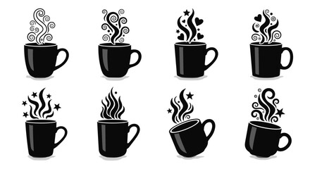 Obraz premium Collection of black coffee cups with steam and decorative elements like hearts and stars