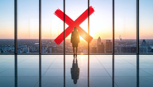 Silhouette of a businesswoman in a modern highrise office facing a giant red X on the window at sunset. Concept of corporate failure, rejection, cancel culture, or business barriers.