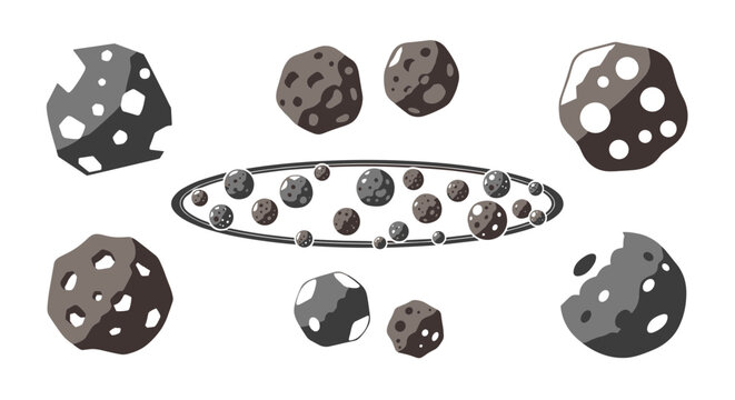 Collection of cartoon asteroids and meteoroids in space with craters and holes