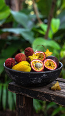 Obraz premium Vibrant bowl of exotic tropical fruits including juicy passion fruit, starfruit, and lychees on a rustic wooden bench against a lush green garden background. Perfect for healthy food concepts.