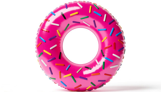 Inflatable pink donut pool float with colorful sprinkles