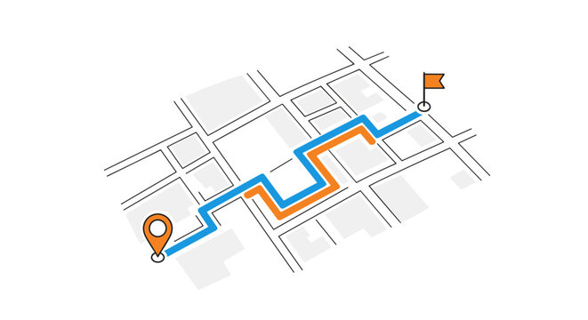 City map with navigation route from start pin to flag destination