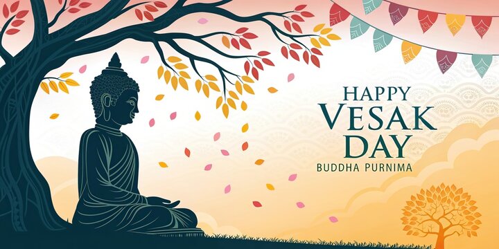 Buddha meditating under tree Vesak Day greeting banner Buddha Purnima spiritual landscape
