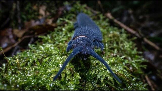 Macro velvet worm crawling on moss in rainforest