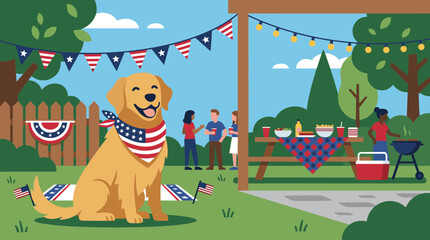 Naklejka premium Golden Retriever dog wearing American flag bandana at a backyard Fourth of July barbecue party