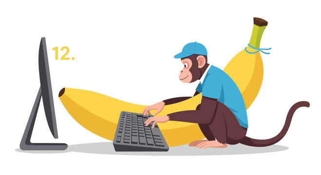 Monkey typing on computer keyboard in front of bananas, digital art