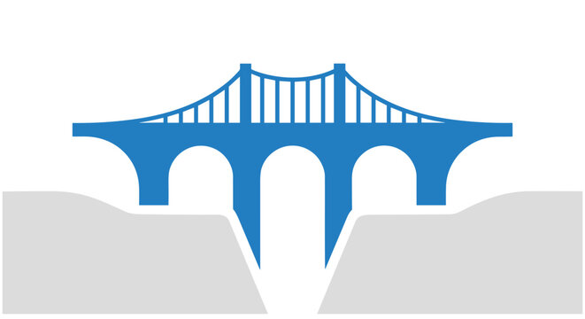 Blue suspension bridge spanning a gap over a canyon or river with grey land on either side