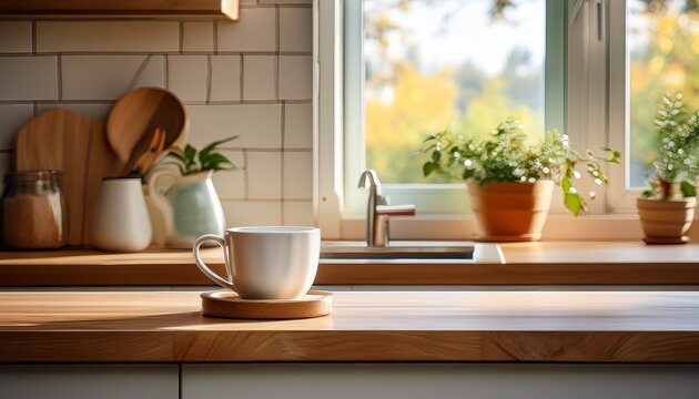 serene kitchen corner a warm and inviting scene of a kitchen corner is presented with focus on the subtle details like the cup and surrounding decor