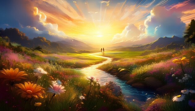 a peaceful radiant meadow in heaven with souls walking among blooming flowers and gentle streams under a golden sky