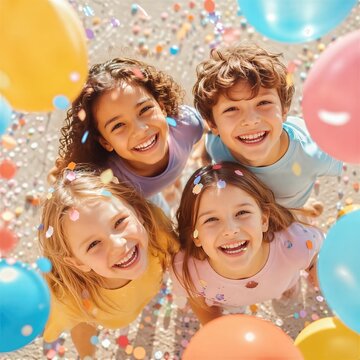 Happy girl and boy group celebrating at a birthday party. Children with colorful balloons and confetti enjoying a fun childhood event. Playful group portrait for greeting card design.