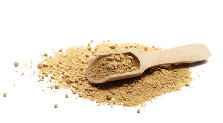 Ginger powder pile with wooden spoon isolated on white background