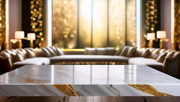 luxurious marble empty table with gold trim in a modern elegant interior featuring soft bokeh lights and contemporary decor background for product showcases presentations luxury branding