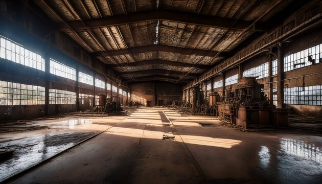 abandoned warehouse with rusting machinery and dark corners where shadows move unnaturally and strange noises echo creating a sense of fear