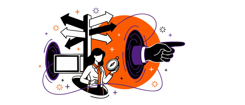 Businesswoman holding compass choosing direction at signpost guided by big pointing hand, modern vector illustration representing business strategy, career path planning and strategic decision making.