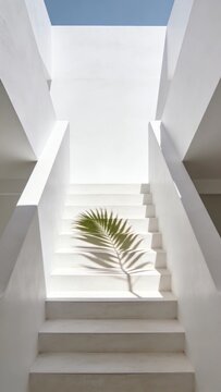 Minimalist staircase in a bright, white, sun-drenched atrium. The shadow of a single palm leaf is cast across the stairs. The composition is clean and airy, providing ample negative space at the top.