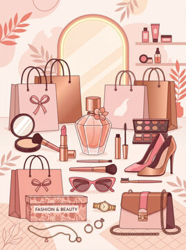 A collection of beauty products and shopping bags is displayed near a mirror, it illustrates fashion and makeup concepts.