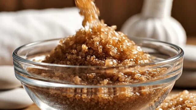 Detailed Close-Up Of Brown Sugar Granules Being Poured Into A Glass Bowl With A Blurred Kitchen Background, Ideal For Culinary And Health-Related Projects