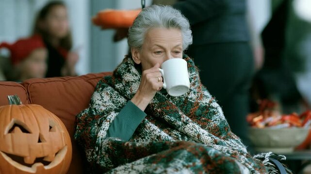 Elderly caucasian woman drinking hot tea from cup in plaid blanket sitting on couch with carved pumpkin. Autumn festive mood, melancholic mood, halloween holiday.