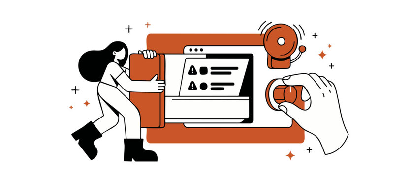 Cyber security data protection alert with woman opening secure server for risk management system adjustment concept. Flat vector illustration of warning notification and virtual safety control panels.