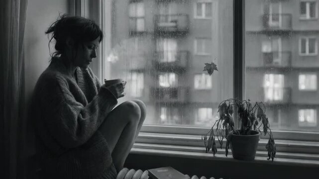 Melancholy woman sitting by a rainy window with a cup of tea. Sad autumn mood and loneliness concept. Depressive atmosphere in a city apartment interior.