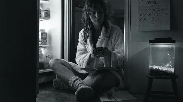 Woman sitting inside refrigerator reading book at night. Melancholy scene reflects autumn gloom. Introverted character seeking solace in cold light of kitchen appliance.