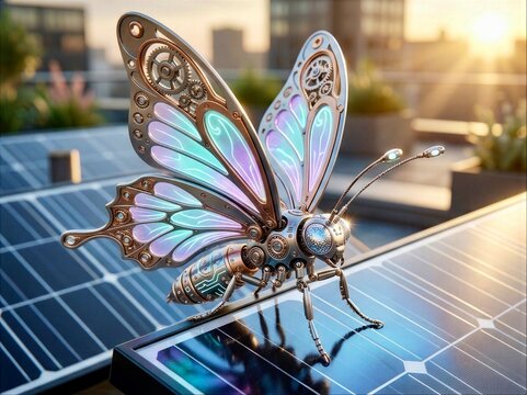 Metal robotic butterfly sits on solar panel with sunset in the background at a rooftop garden