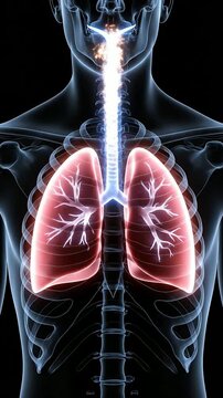 Detailed Digital Illustration of Human Respiratory System Featuring Luminescent Trachea and Lungs Against Black Background for Medical and Health Education